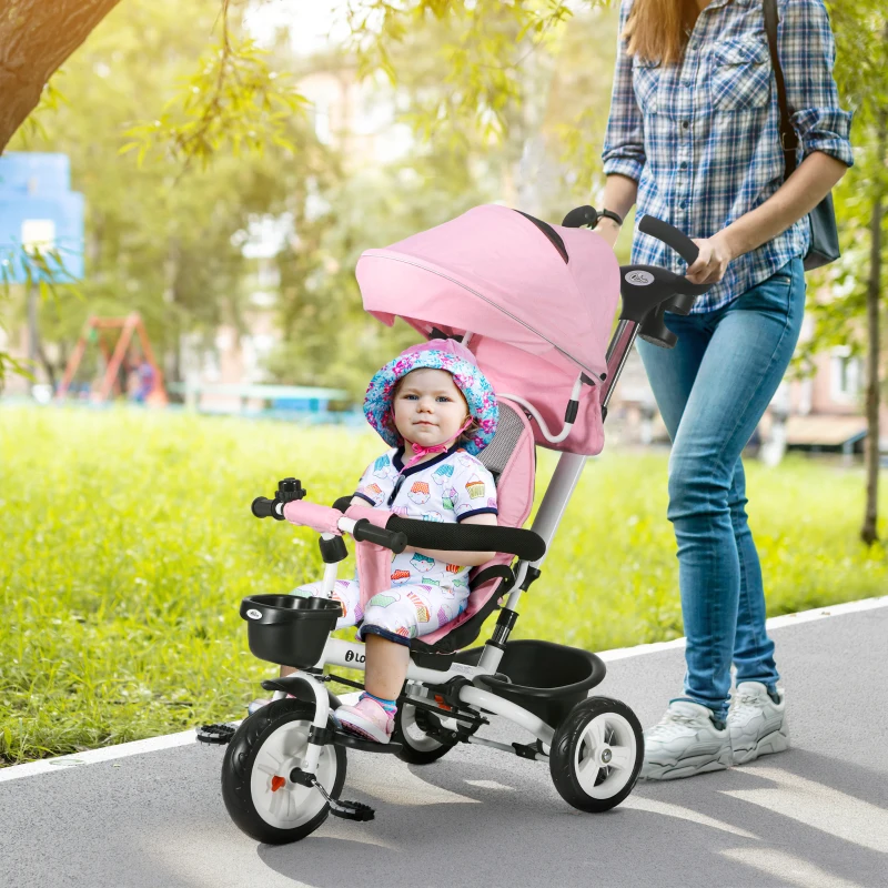 Qaba 6 in 1 Toddler Tricycle with Parent Push Handle, Canopy, Storage Baskets, Cupholder, Pink