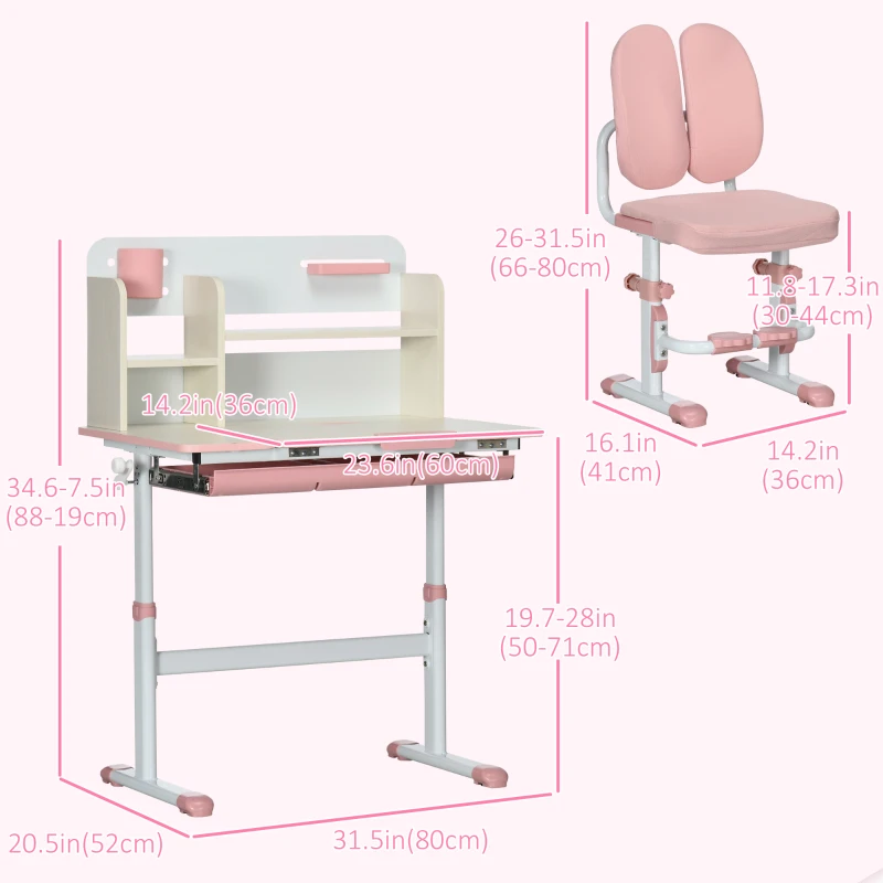 Qaba Kids Desk and Chair Set with Hand Crank, Tilted Desktop, Height Adjustable Student Writing Desk & Chair with Adaptive Seat Back, Footrest, Bookshelf, Drawer, Pen Holder, Pink