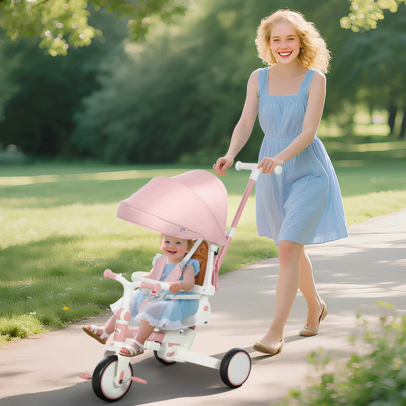 Qaba 7 in 1 Toddler Tricycle with Safety Harness, Adjustable & Removable Parent Handle, Canopy, Storage Bag, Brake, Pink