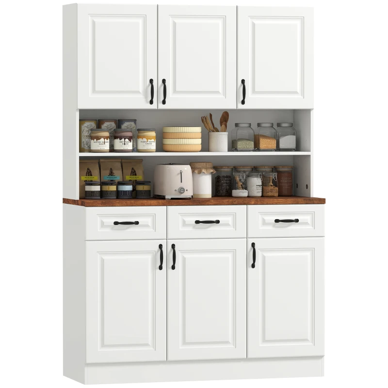 HOMCOM 71" Kitchen Pantry Cabinet, Freestanding Farmhouse Storage Cabinet with Wide 2-Tier Microwave Stand Countertop, 3 Drawers, 6 Soft Closing Doors, and Adjustable Shelves, Cable Management, White