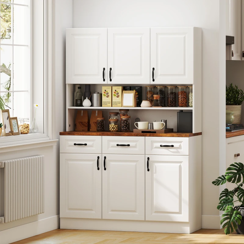 HOMCOM 71" Kitchen Pantry Cabinet, Freestanding Farmhouse Storage Cabinet with Wide 2-Tier Microwave Stand Countertop, 3 Drawers, 6 Soft Closing Doors, and Adjustable Shelves, Cable Management, White