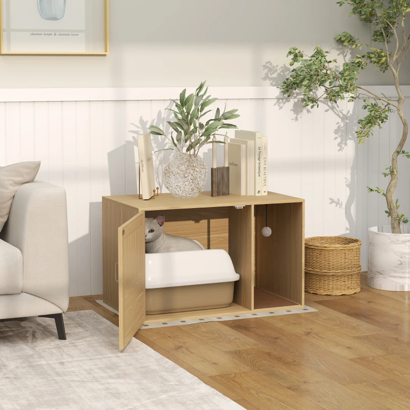 PawHut Cat Litter Box Enclosure, Cat Washroom End Side Table with Rattan Door, Scratching Pad, Non-slip Foot Pads, Oak