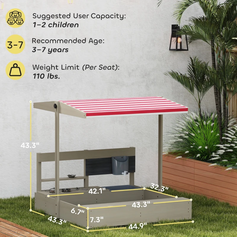 Outsunny Kids Sandbox with Height Adjustable Canopy, Wooden Sandbox Backyard Toy with Kitchen Playset Accessories, Outdoor Activity Gift for Girls and Boys, Ages 3-7