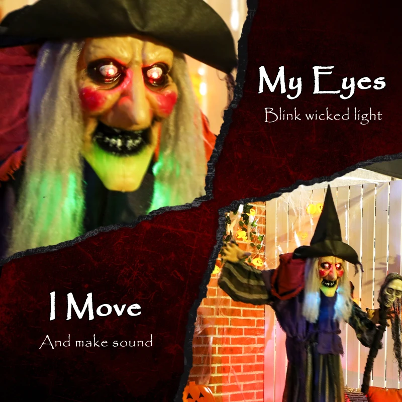 Outsunny Animatronics Standing Witch, Voice-Activated Prop with Skull Staff & Flashing Eyes, Easy Setup Indoor, Orange