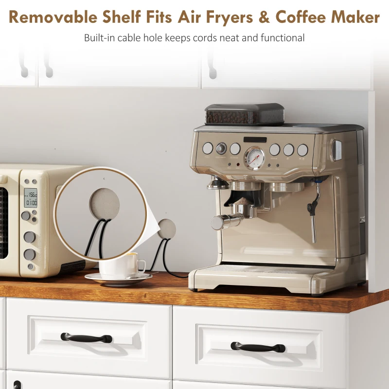 HOMCOM 71" Kitchen Pantry Cabinet, Freestanding Farmhouse Storage Cabinet with Wide 2-Tier Microwave Stand Countertop, 3 Drawers, 6 Soft Closing Doors, and Adjustable Shelves, Cable Management, White