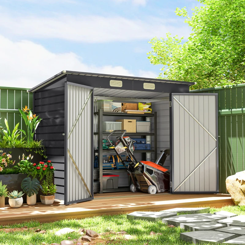 Outsunny 8 x 4FT Galvanized Garden Storage Shed, Metal Outdoor Shed with Double Doors and 2 Vents, Grey