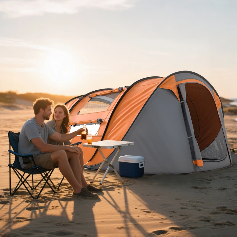 Outsunny 4 Person Camping Tent, Easy Pop Up Tent with Doors, Windows and Carry Bag, Automatic Setup Tent for Hiking, Orange