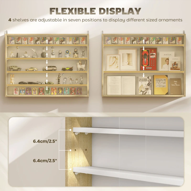 HOMCOM 5-Tier Display Cabinet, Wall-Mounted Display Case with 2 Glass Doors and Adjustable Shelves, Oak and White