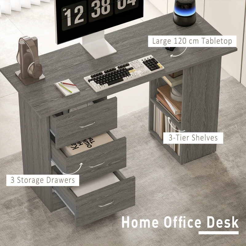 HOMCOM Computer Desk, 47" Writing Table with 3-Tier Shelves and 3 Reversible Drawers for Home Office, Bedroom, Grey
