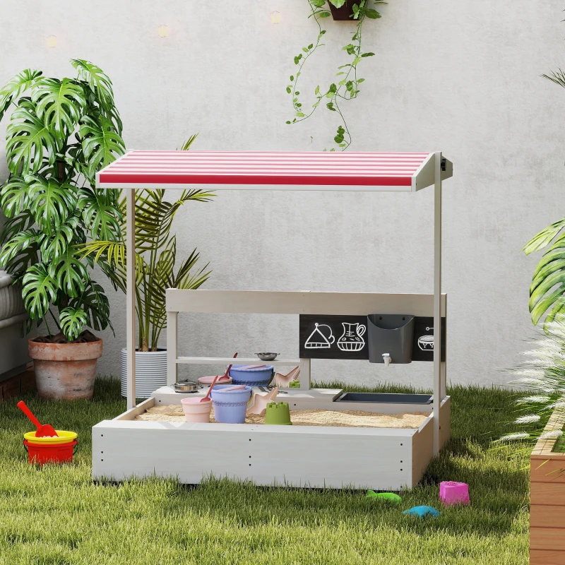 Outsunny Kids Sandbox with Cover Kitchen Playset Toys, Wooden Sand Box with Seat, Storage, for 3-7 Years Old, Grey