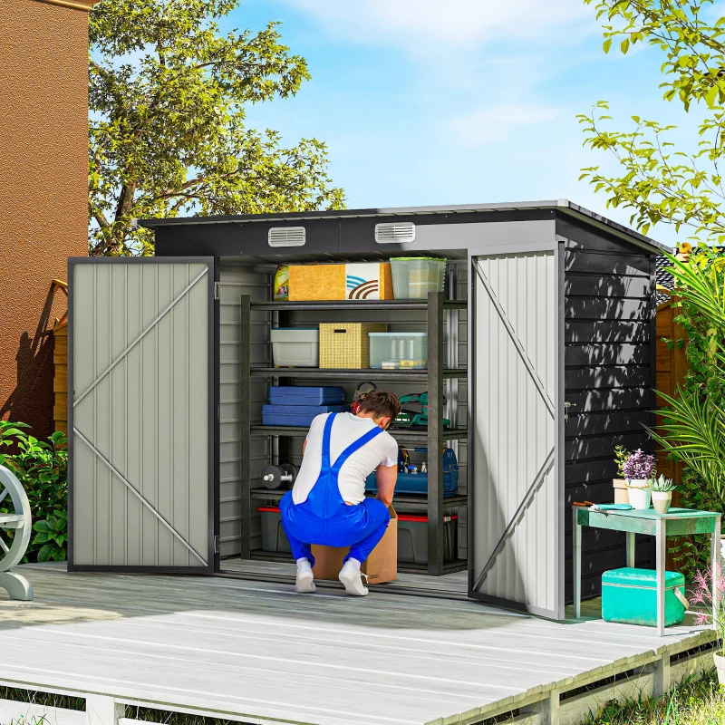 Outsunny 8 x 4FT Galvanized Garden Storage Shed, Metal Outdoor Shed with Double Doors and 2 Vents, Grey