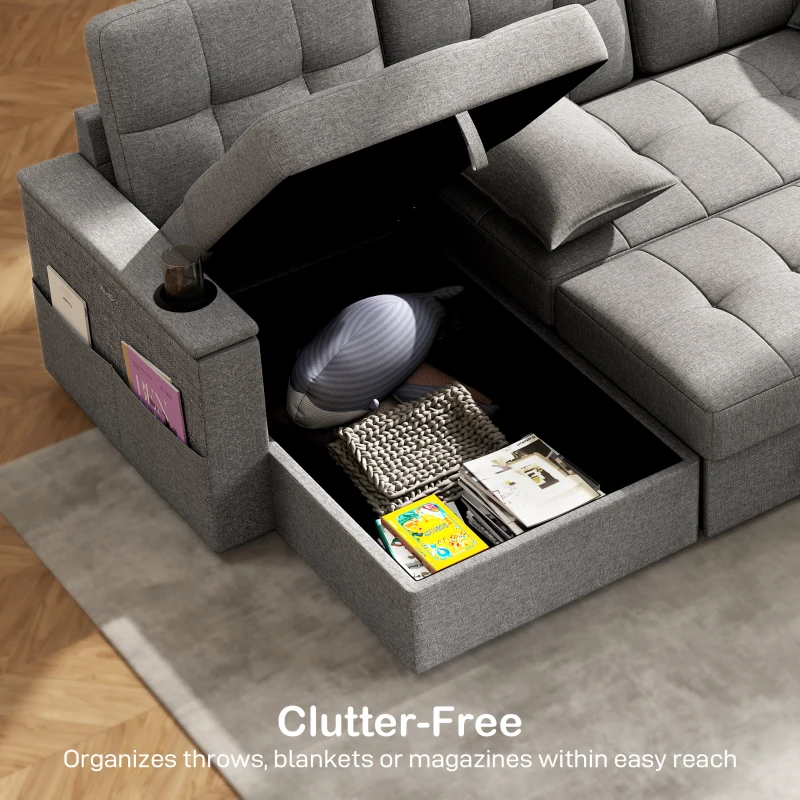 HOMCOM Convertible Sectional Sofa Bed, Pull Out Sleeper Sofa Couch with USB‑A+C, Chaise Storage, L-Shaped Futon Couch, Grey