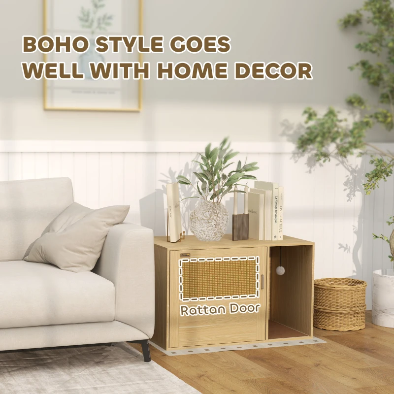 PawHut Cat Litter Box Enclosure, Cat Washroom End Side Table with Rattan Door, Scratching Pad, Non-slip Foot Pads, Oak