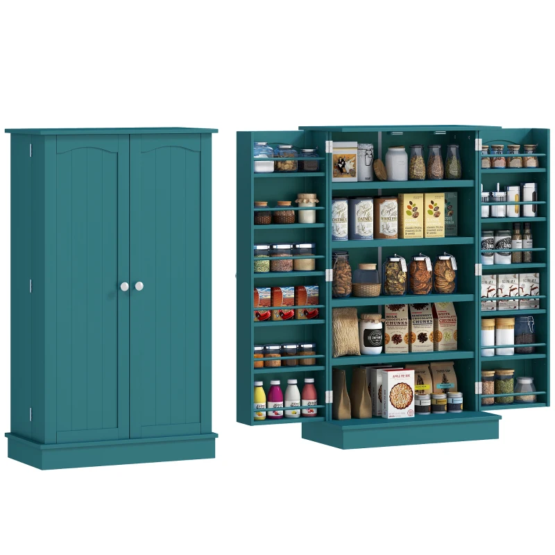 HOMCOM 41" Storage Cabinet, 2-Door Kitchen Pantry Cabinet with 5-tier Shelving, 12 Spice Racks, Adjustable Shelves, Teal Blue