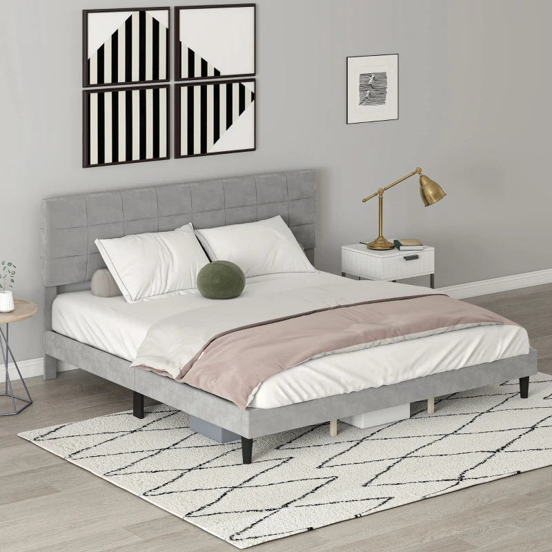 HOMCOM King Size Bed Frame with Upholstered Headboard, Modern Platform Bed Frame with Wood Slats, 1100 lbs Capacity, Grey