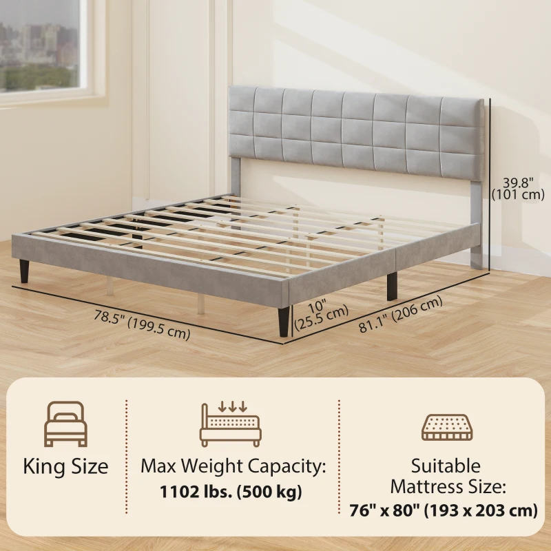 HOMCOM King Size Bed Frame with Upholstered Headboard, Modern Platform Bed Frame with Wood Slats, 1100 lbs Capacity, Grey