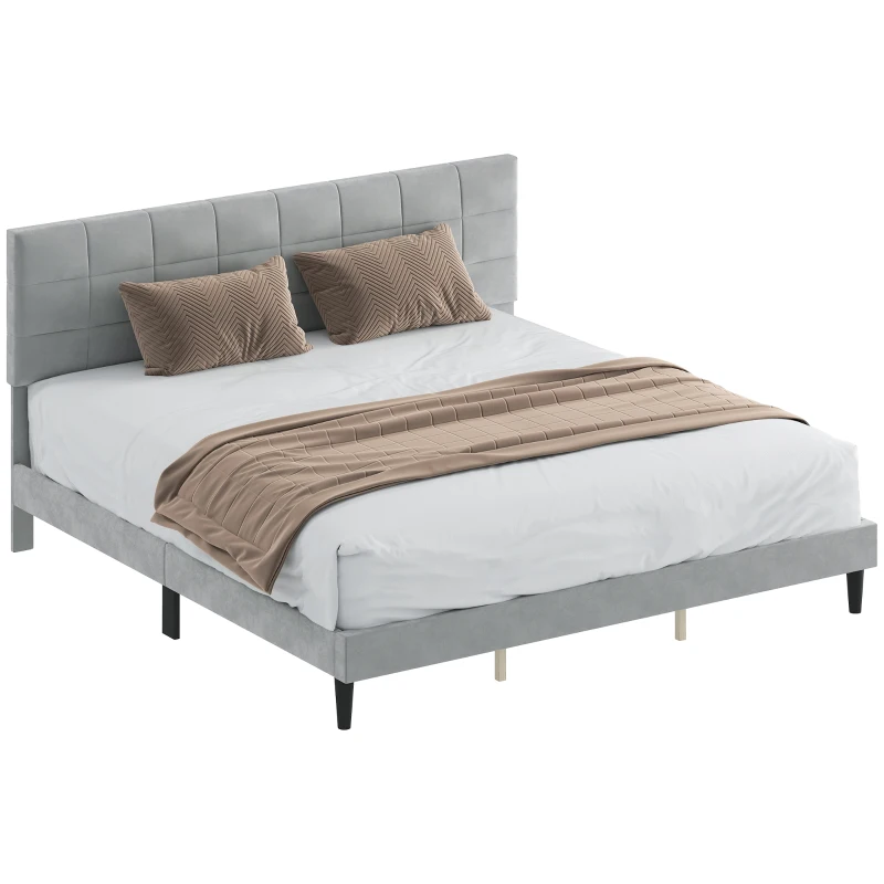 HOMCOM King Size Bed Frame with Upholstered Headboard, Modern Platform Bed Frame with Wood Slats, 1100 lbs Capacity, Grey