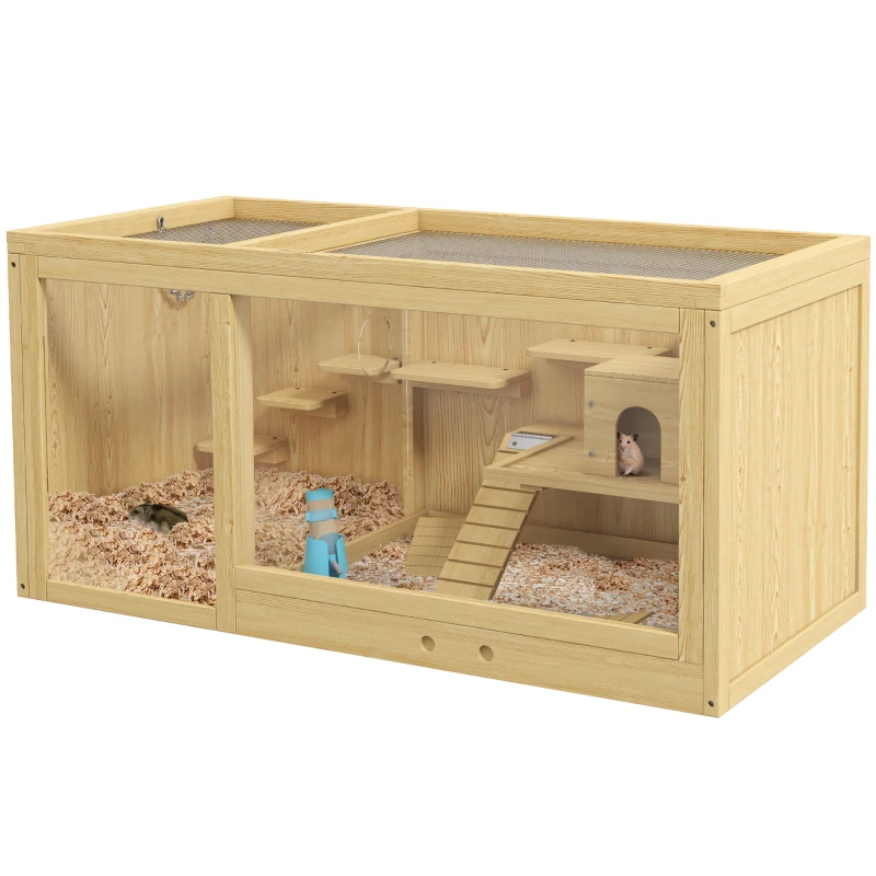 PawHut Large Wooden Hamster Cage, Multi-Layer Small Animal Habitats with Pull-out Tray, Seesaws, Ladder