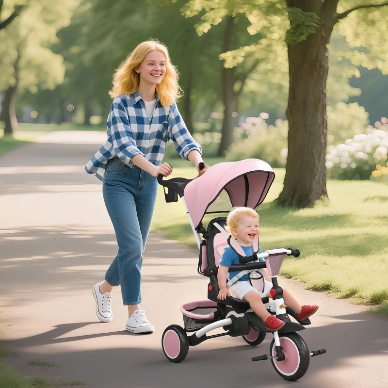 Qaba 6 in 1 Toddler Tricycle for 1-5 Years Old with Push Handle, Removable Canopy, Rotatable Seat, Pink