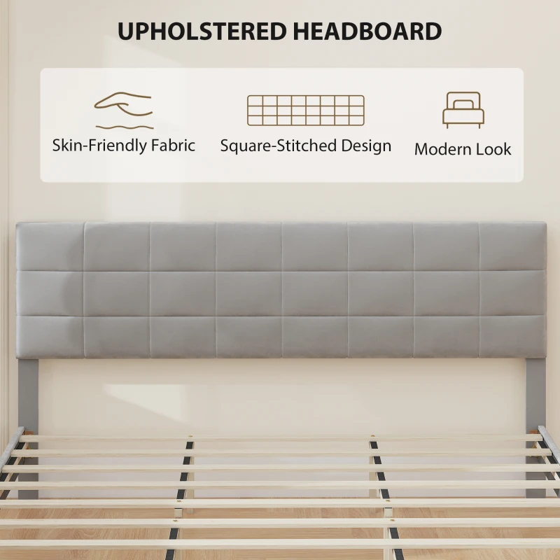 HOMCOM King Size Bed Frame with Upholstered Headboard, Modern Platform Bed Frame with Wood Slats, 1100 lbs Capacity, Grey
