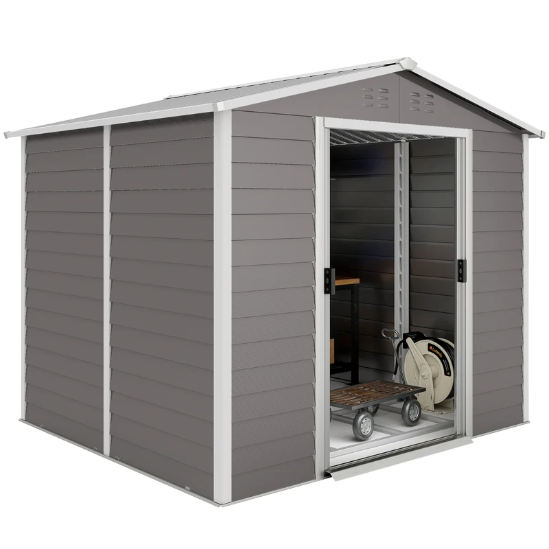 Outsunny 8' x 7' Outdoor Storage Shed, Easy to Assemble, Upgraded Galvanized Metal Garden Shed with Lockable Doors, Floor Frame and Gloves for Backyard, Lawn, Patio, Light Grey