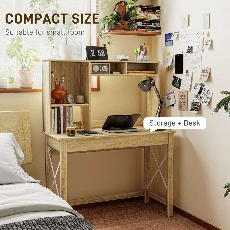 HOMCOM Computer Desk with Hutch, Home Office Table with Storage Shelves and Open Compartments for Writing, Work, Oak