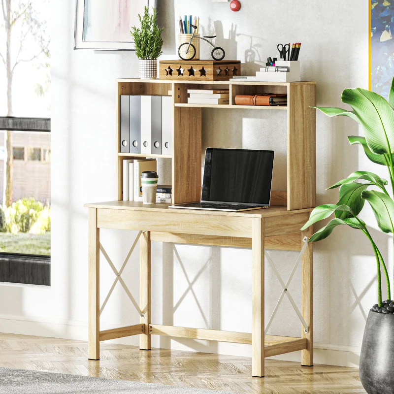 HOMCOM Computer Desk with Hutch, Home Office Study Table with Storage for Writing, Work, Workstation, Oak