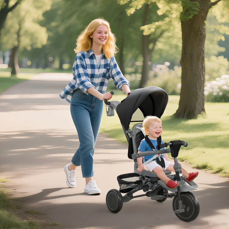 Qaba 6 in 1 Toddler Tricycle for 1-5 Years Old with Push Handle, Removable Canopy, Rotatable Seat, Black