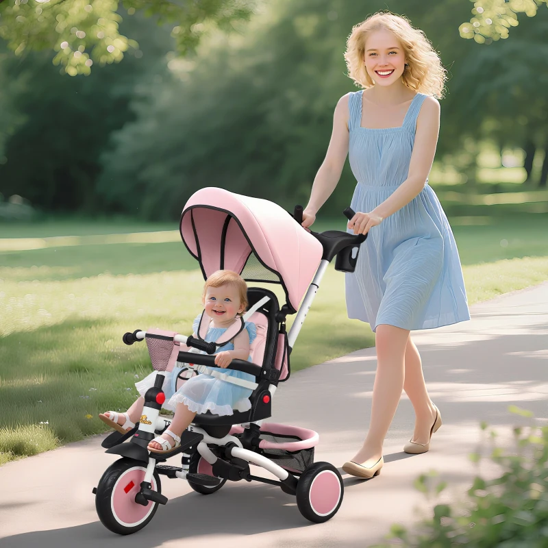 Qaba 6 in 1 Toddler Tricycle for 1-5 Years Old with Push Handle, Removable Canopy, Rotatable Seat, Pink
