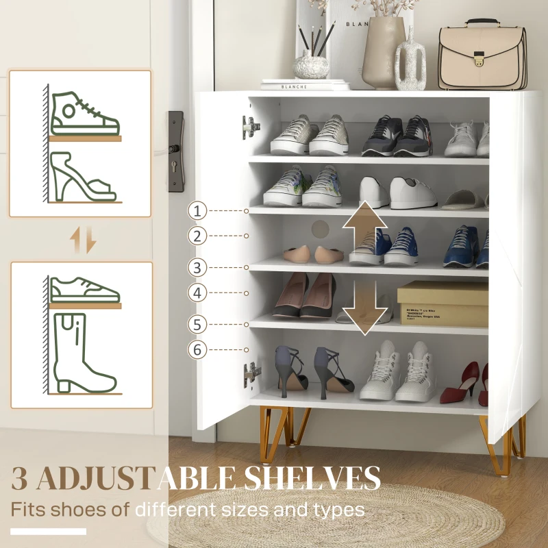 HOMCOM Narrow Shoe Storage Cabinet with Soft-Close Hinges and Adjustable Shelves for 15-20 Pairs of Shoes, High Gloss White