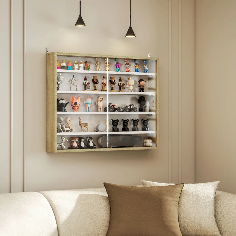 HOMCOM 5-Tier Display Cabinet, Wall-Mounted Display Case with 2 Glass Doors and Adjustable Shelves, Oak and White