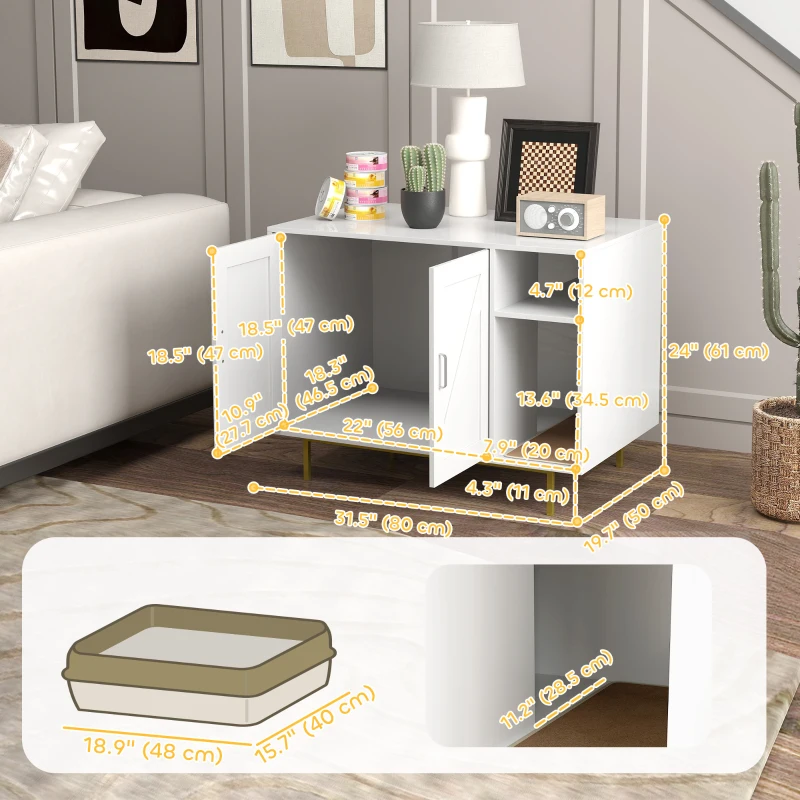 PawHut Cat Litter Box Enclosure, Hidden Litter Box with Scratching Pad, Storage, for Living Room, Bedroom, 31.5" x 20" x 24"