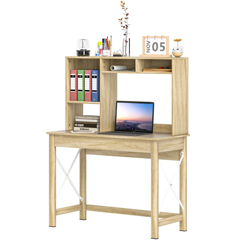 HOMCOM Computer Desk with Hutch, Home Office Table with Storage Shelves and Open Compartments for Writing, Work, Oak