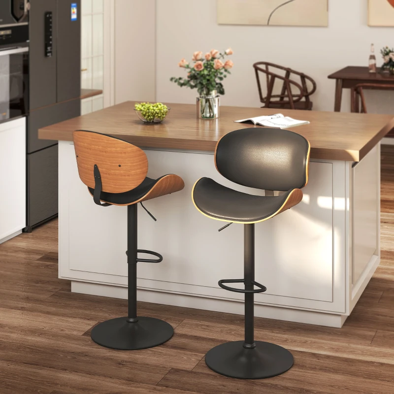 HOMCOM Bar Stools Set of 2, Modern PU Leather Adjustable Swivel Barstools with Curved Back, Footrest and Steel Base, Black