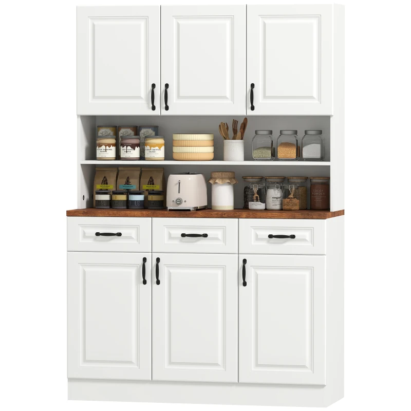 HOMCOM 71" Kitchen Pantry Cabinet, Freestanding Farmhouse Storage Cabinet with Wide 2-Tier Microwave Stand Countertop, 3 Drawers, 6 Soft Closing Doors, and Adjustable Shelves, Cable Management, White