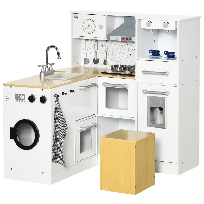 Qaba Kids Wooden Kitchen Playset with Sound Effects and Tons of Countertop Space, Wooden Corner Play Kitchen Set with Washing Machine, Imaginative Toy Pretend Restaurant, Ages 3-6, White