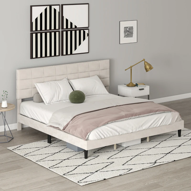 HOMCOM King Size Bed Frame with Upholstered Headboard, Modern Platform Bed Frame with Wood Slats, 1100 lbs Capacity, Cream