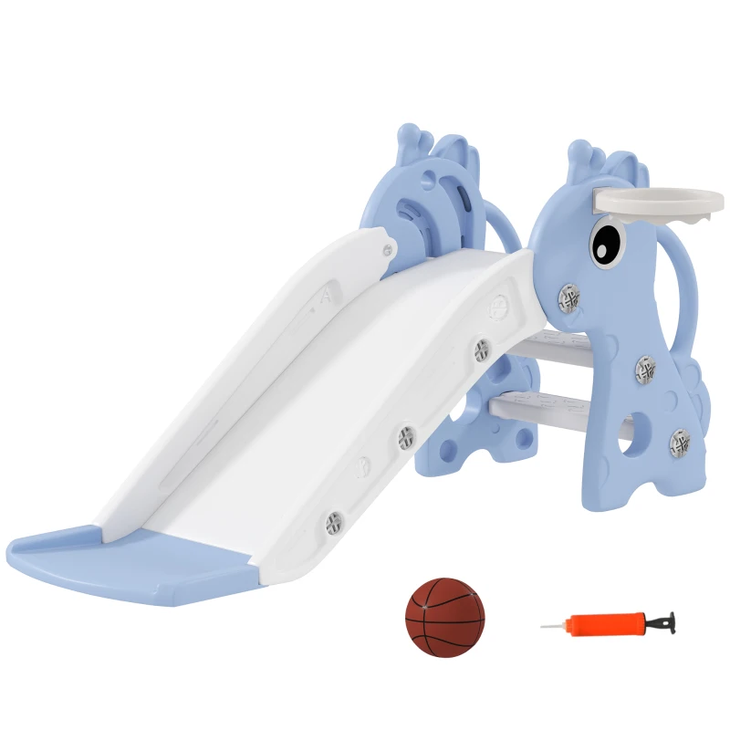 Qaba 3 in 1 Toddler Slide for Age 1-3, Kids Slide with Climber, Basketball Hoop and Ball, Giraffe Design, Blue