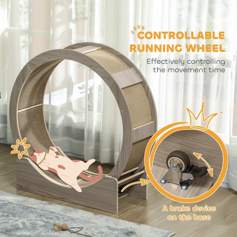 PawHut 36" Cat Wheel for Indoor Cats with Brake, Scratching Pads, Walnut