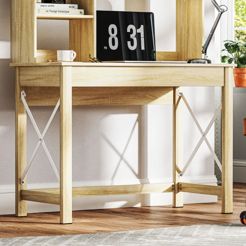 HOMCOM Computer Desk with Hutch, Home Office Table with Storage Shelves and Open Compartments for Writing, Work, Oak