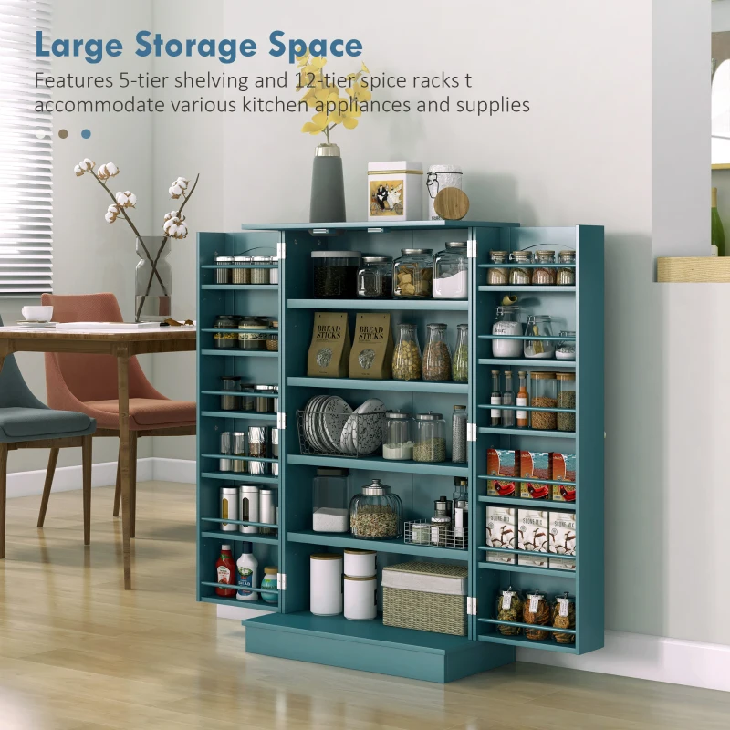 HOMCOM 41" Storage Cabinet, 2-Door Kitchen Pantry Cabinet with 5-tier Shelving, 12 Spice Racks, Adjustable Shelves, Teal Blue