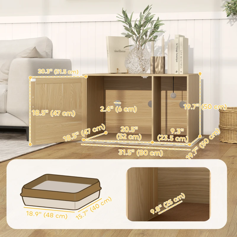 PawHut Cat Litter Box Enclosure, Cat Washroom End Side Table with Rattan Door, Scratching Pad, Non-slip Foot Pads, Oak