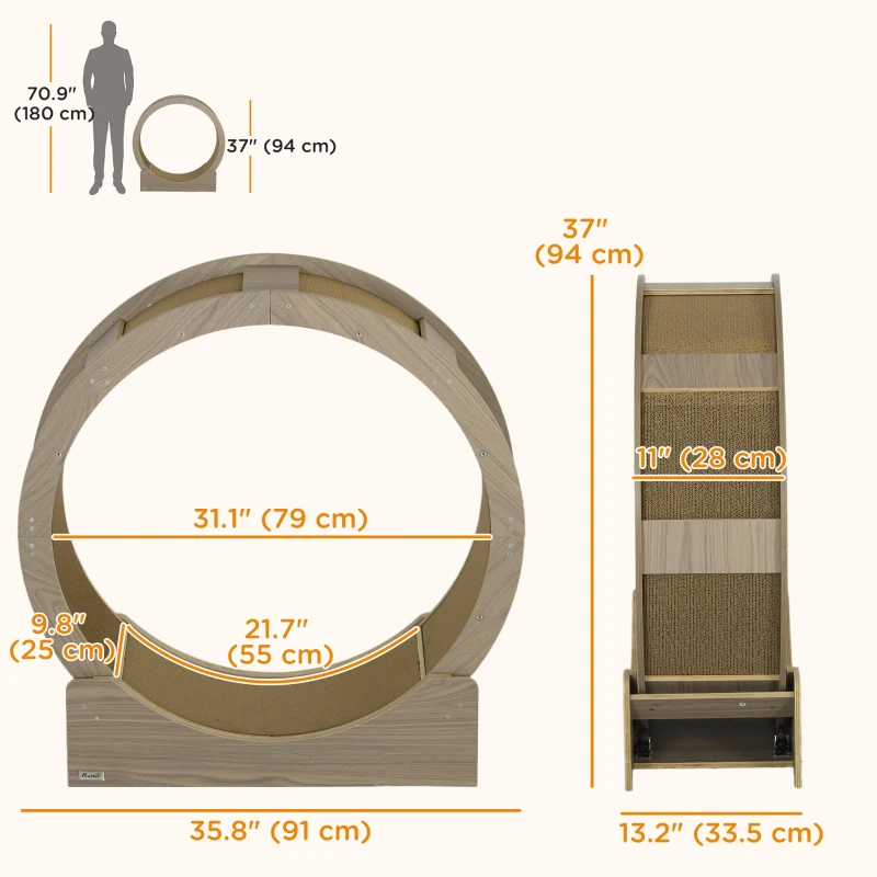 PawHut 36" Cat Wheel for Indoor Cats with Brake, Scratching Pads, Walnut