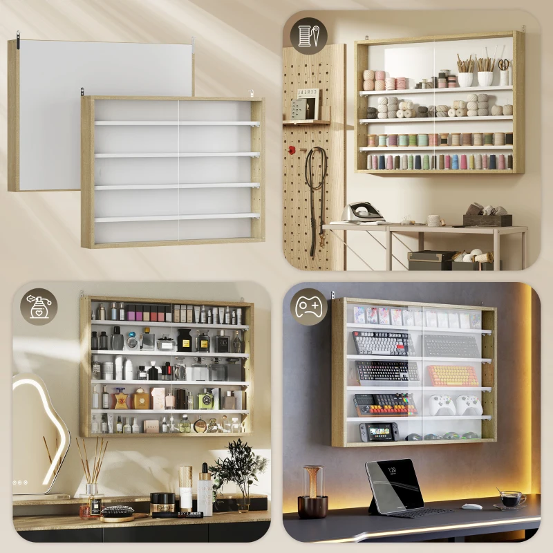 HOMCOM 5-Tier Display Cabinet, Wall-Mounted Display Case with 2 Glass Doors and Adjustable Shelves, Oak and White