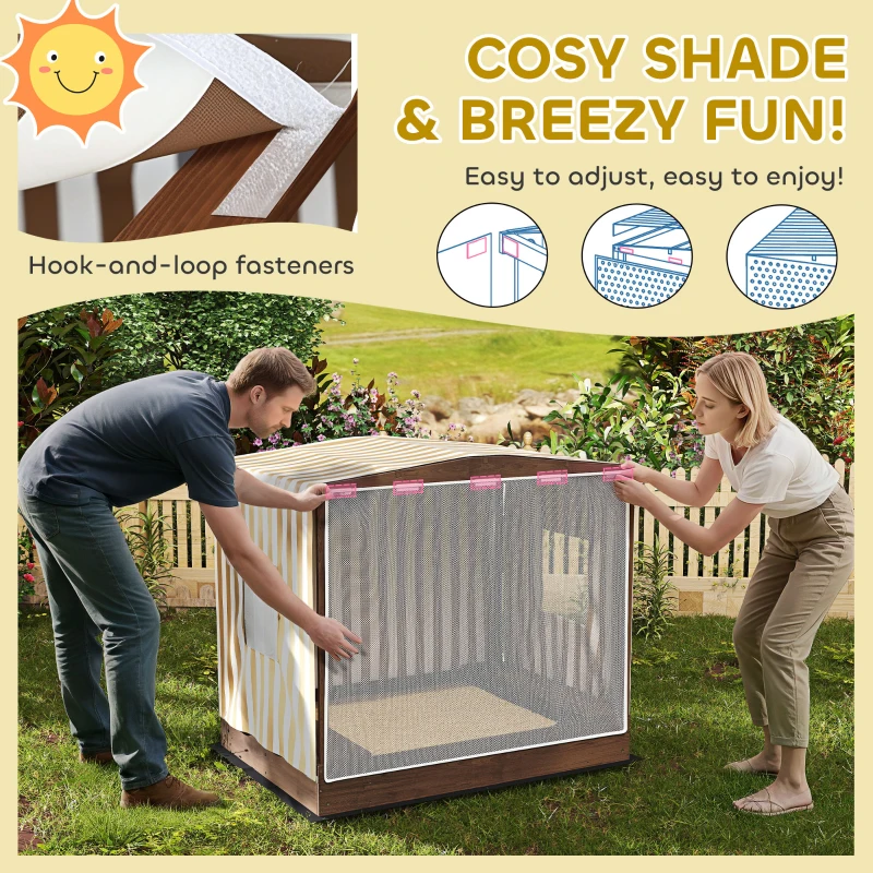Qaba Kids Wooden Sandbox with Canopy Fully Covered, 2 Bench Seats, Bottom Liner, 56" x 40" x 52", Brown