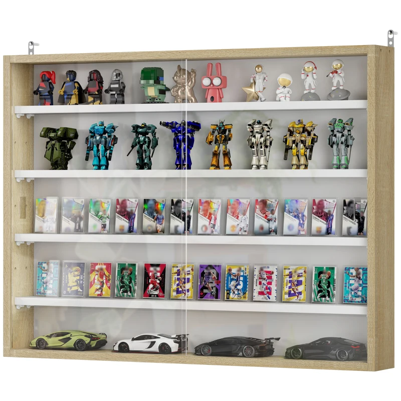 HOMCOM 5-Tier Display Cabinet, Wall-Mounted Display Case with 2 Glass Doors and Adjustable Shelves, Oak and White
