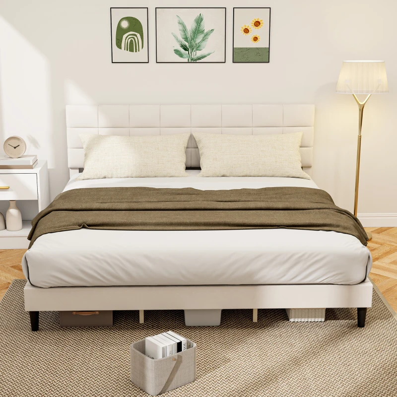 HOMCOM King Size Bed Frame with Upholstered Headboard, Modern Platform Bed Frame with Wood Slats, 1100 lbs Capacity, Cream