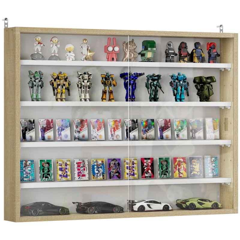 HOMCOM 5-Tier Display Cabinet, Shot Glass Display Case, Glass Curio Cabinet with 2 Glass Doors and 4 Adjustable Shelves, Oak