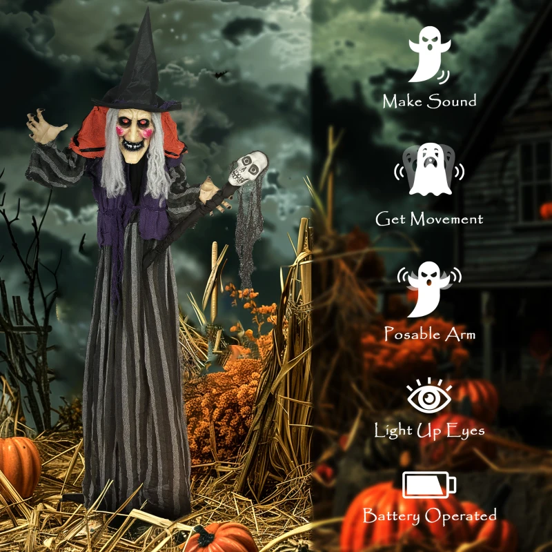 Outsunny Animatronics Standing Witch, Voice-Activated Prop with Skull Staff & Flashing Eyes, Easy Setup Indoor, Orange