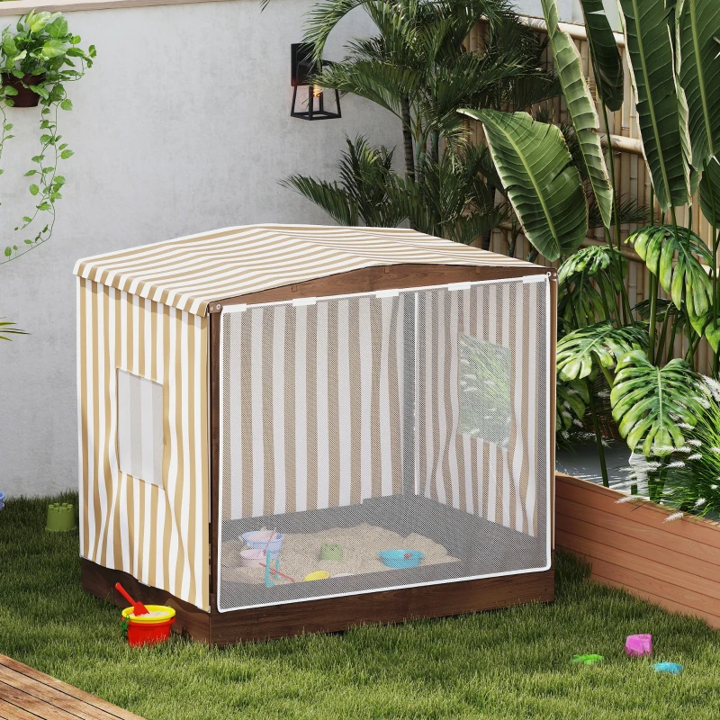 Qaba Kids Wooden Sandbox with Canopy Fully Covered, 2 Bench Seats, Bottom Liner, 56" x 40" x 52", Brown
